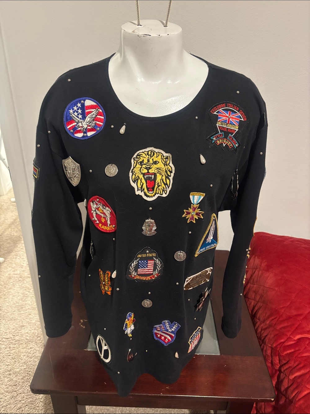 Vintage 1980’s Briquet Black Embellished Patch Appliqué Crewneck Sweater